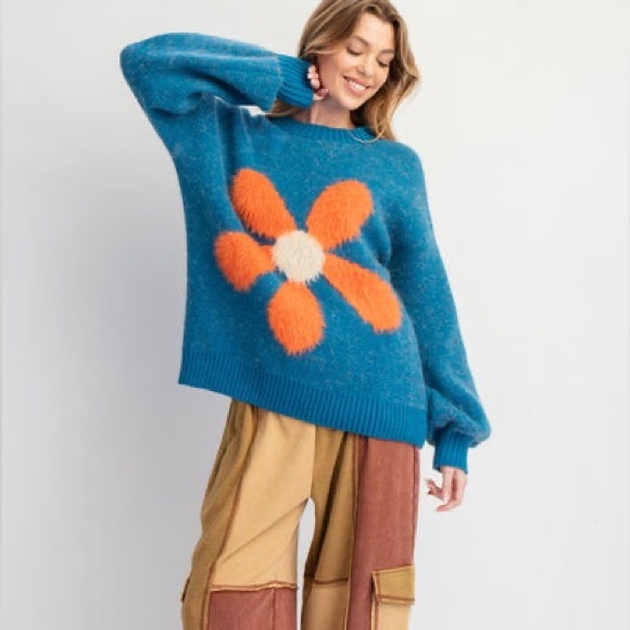 Easel Blue and Orange Floral Sweater - Picture 2 of 3